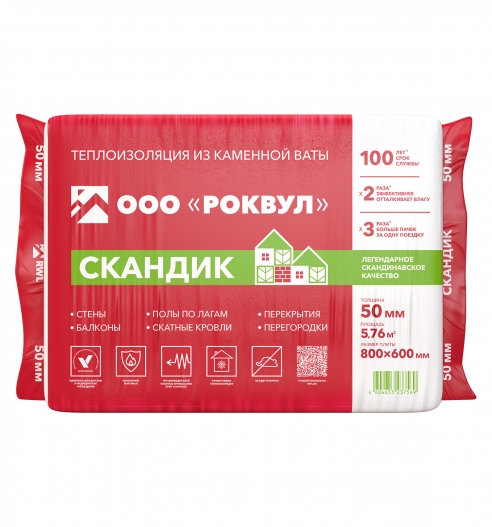 Утеплитель Роквул Лайт Баттс Скандик 50мм (12 плит 600х800) (5,76м2; 0,288м3; 28-32 кг/м3)