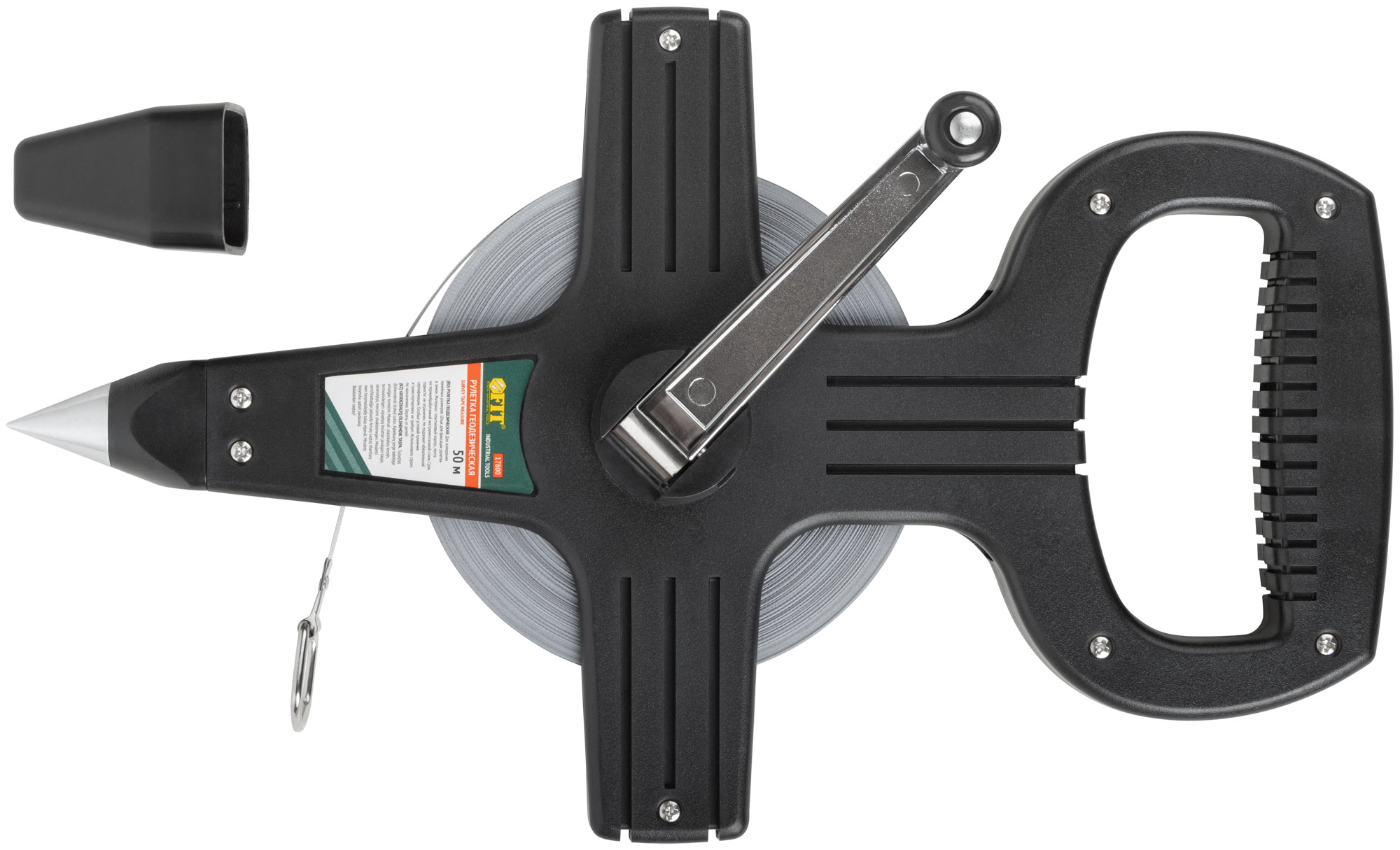 Рулетка 50м геодезическая, стальная лента, черный открытый пластиковый корпус (17800)