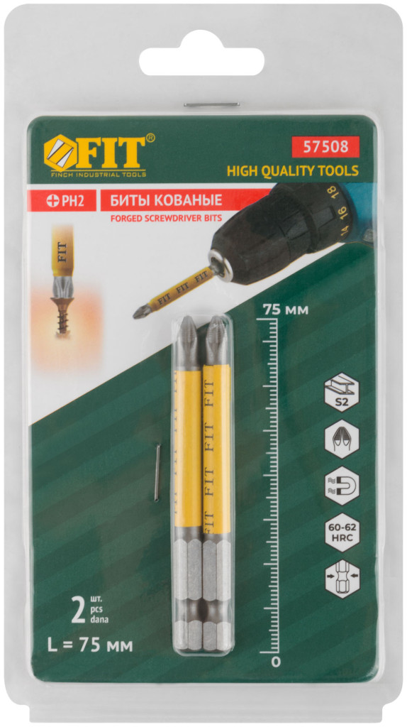 Биты Ph 2-75мм кованые односторонние, сталь S2 (набор 2шт) Профи 57508