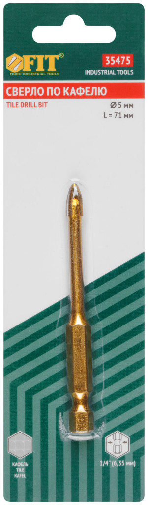 Сверло по кафелю 5х71мм, 4 режущие кромки, титановое покрытие, U-хвостовик под биту 35475