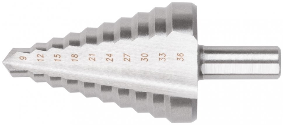 Сверло по металлу ступенчатое 9-36мм HSS (Р6М5) 9 ступеней 36399