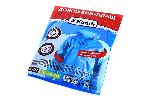 Плащ-дождевик полиэтиленовый с капюшоном на кнопках 70х118см КОМФИ - фото 1